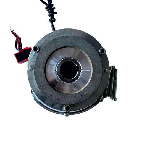 MDZ5-15 electromagnetic brake holding assembly, front view, round gray housing with toothed inner bore and red/black wiring harness.