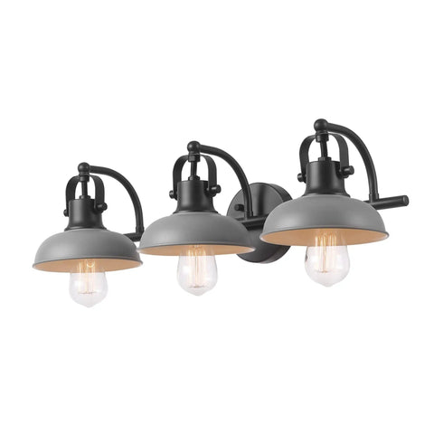 Gladstone 5 Piece All In One Bathroom Set With Matte Black Finish Includes A 3 Light Vanity Fixture With Matte Gray Shades