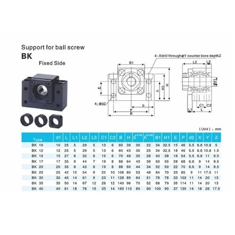 Support for ball screw BK, fixed side with dimensions for CNC applications, part of Top Tier C7 Ballscrew Kit 1605 With Ball Nut.
