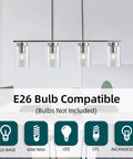 Four Light Brushed Nickel Island Pendant Lights With Clear Glass Shades for Kitchen Island showing bulb compatibility icons