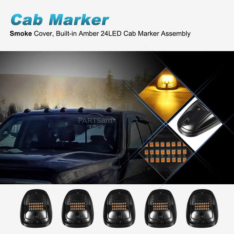 Amber 24 LED Smoke Cab Roof Marker Lights Kit With Wire Harness for 1500-5500 Series Pickup Trucks 2003-2018, UV ABS Lenses