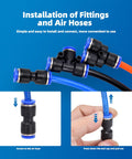 Push To Connect 60 Piece Air Hose Fittings Kit 1/4 Inch Tube Includes 15 Splitters 15 Elbows 15 Tees And 15 Straights For Quick Connect Pneumatic Air Line Fittings For DIYers image showing fittings installation.