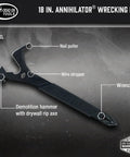 18 Inch Annihilator Utility and Wrecking Bar for Demolition and Concrete Forms with features labeled on tool.