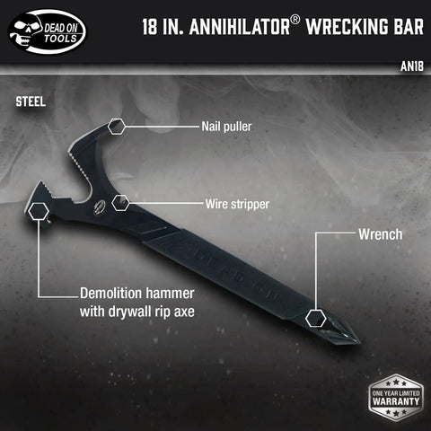 18 Inch Annihilator Utility and Wrecking Bar for Demolition and Concrete Forms with features labeled on tool.
