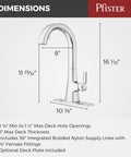 Pfister Vaneri Kitchen Faucet with Pull Down Sprayer, Polished Chrome dimensions illustration with measurements.