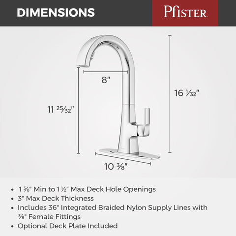 Pfister Vaneri Kitchen Faucet with Pull Down Sprayer, Polished Chrome dimensions illustration with measurements.
