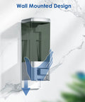 Robust Wall Mount Manual Soap Dispenser 17 Oz Large Capacity Refillable Pump For Kitchen And Bathroom Commercial Grade Rust Resistant Plastic Build Smooth Action Zero Drip Sleek Chrome Brown Vibes mounted on wall with hands demonstrating use.