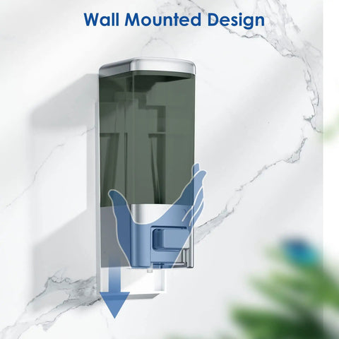 Robust Wall Mount Manual Soap Dispenser 17 Oz Large Capacity Refillable Pump For Kitchen And Bathroom Commercial Grade Rust Resistant Plastic Build Smooth Action Zero Drip Sleek Chrome Brown Vibes mounted on wall with hands demonstrating use.