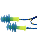 Fusion Corded Reusable Earplugs With Dual Material Construction For Superior Comfort in blue and yellow with detachable cord