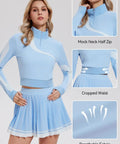 Women 2 Piece Golf And Tennis Skirt Set Half Zip Long Sleeve Pullover Top With Pleated Tennis Skirt With Shorts And Pockets Baby Blue Athletic Tracksuit For All Day Comfy showing mock neck details.