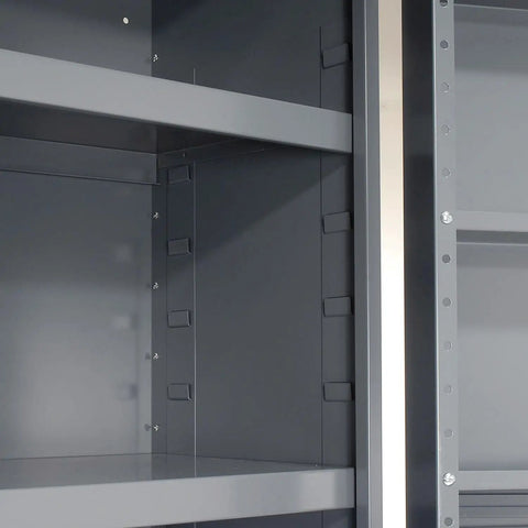 Inside view of Workhorse Steel Storage Cabinet with adjustable interior shelves for effective gear organization.