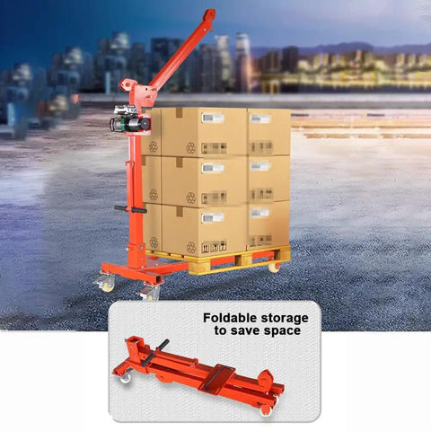 Heavy Duty Electric Hoist Crane Badass Sleek Folding Rolling Lift For Car Engines Shop Ready Portable Rig lifting boxes on casters.