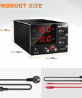 Variable DC Power Supply 0-30V 0-10A, 150W Bench Power Supply With Encoder And 3-Digit LED Display, cables and dimensions shown