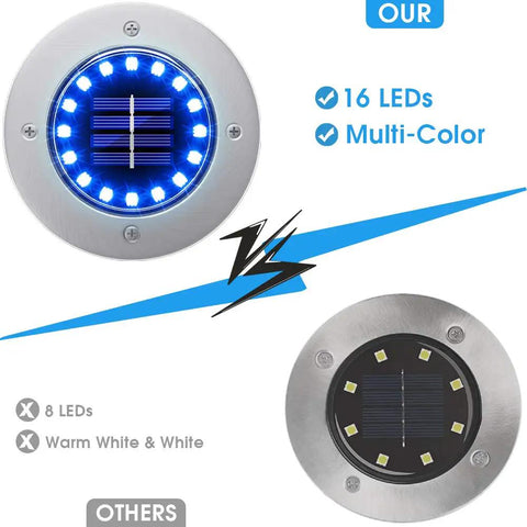 Comparison of 16 Pack Solar Ground Lights Outdoor With 16 LEDs Multi Color Waterproof Landscape Lights versus others with 8 LEDs.