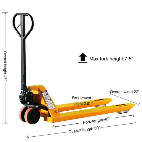 Heavy Duty Manual Pallet Jack Truck With 5500 Lbs Capacity And Dual Polyurethane Wheels, dimensions and specifications image.