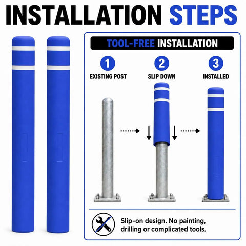 Installation steps for Heavy Duty Blue Safety Bollard Cover 6 Inch Diameter X 46 Inch With High Visibility Reflective Tape.