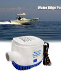 Automatic Submersible Bilge Pump For Boats, 12V 1100 GPH with Built-In Float Switch and 1-1/8 Inch Outlet, shown with boat in background.