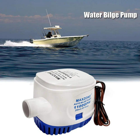 Automatic Submersible Bilge Pump For Boats, 12V 1100 GPH with Built-In Float Switch and 1-1/8 Inch Outlet, shown with boat in background.