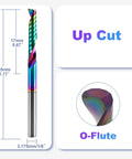 10 Pcs O Flute CNC Router Bit Set With 1/8 Inch Shank, Single Flute Upcut End Mills showing dimensions and DLC coating.