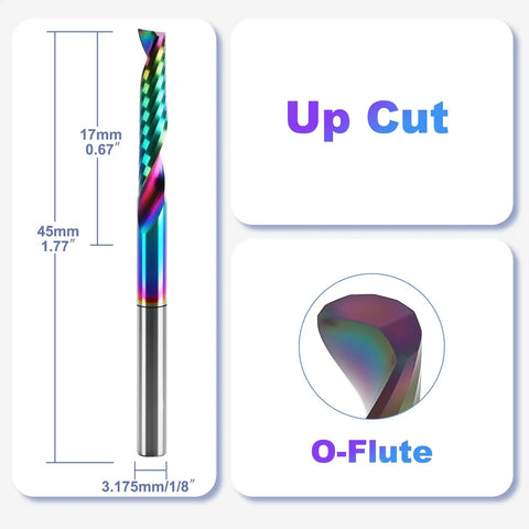 10 Pcs O Flute CNC Router Bit Set With 1/8 Inch Shank, Single Flute Upcut End Mills showing dimensions and DLC coating.