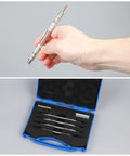 4 Pack Hardness Test Kit For Mineral ID And Jewelry Testing With Stainless Steel Scratch Pens, Dual-Ended 2-9 Mohs Scale, Storage Box, Great For Jade, Glass, And Gemstones. Hand holding pen and case