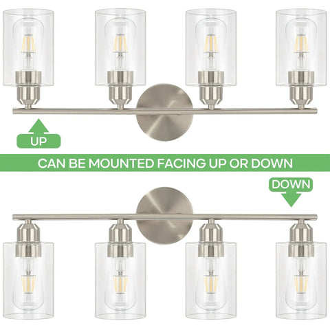 Four Light Bathroom Vanity Light Fixture In Brushed Nickel Finish With Clear Glass Shades Wall Mount Over Mirror Hardwired Easy Install And Up Or Down Mount For A Fresh Modern Look