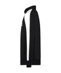Side view of T7 Core French Terry Track Jacket For Boys Black Zip Front With Contrast Stripes Retro Athletic Style Size Large.