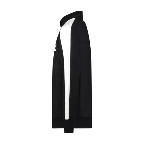 Side view of T7 Core French Terry Track Jacket For Boys Black Zip Front With Contrast Stripes Retro Athletic Style Size Large.