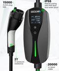 Premium Wall Mounted Level 2 EV Charger 24 Amp 240 Volt With Nema 10-30 Plug Plug And Play, close-up of control panel and connector.