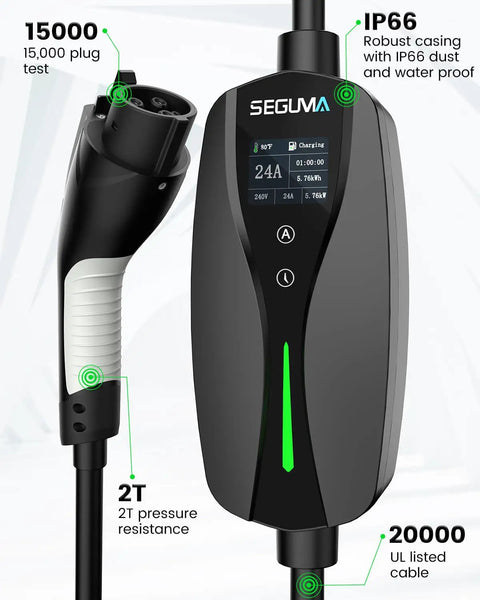 Premium Wall Mounted Level 2 EV Charger 24 Amp 240 Volt With Nema 10-30 Plug Plug And Play, close-up of control panel and connector.