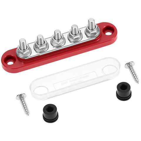 Top Shelf Mini Bus Bar Power Distribution Block 150A Tin Plated Copper 48V Dc 300V Ac Terminals with mounting screws.
