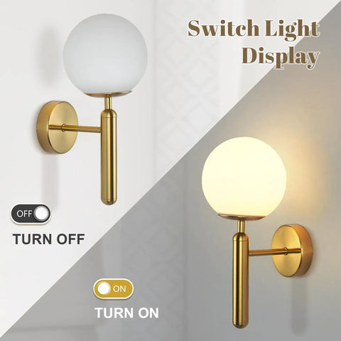Milk Glass Globe Wall Sconce With Brushed Brass Body In Mid Century Modern Gold Finish showing on and off light modes