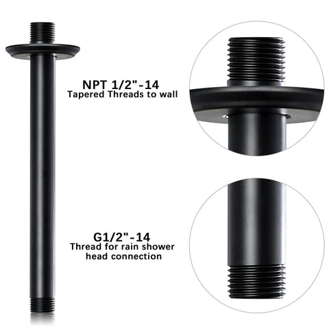 Slick Matte Black 8 Inch Ceiling Mounted Shower Arm With Flange For Rain Shower Head, 304 Stainless Steel Construction, US Standard NPT 1/2-14