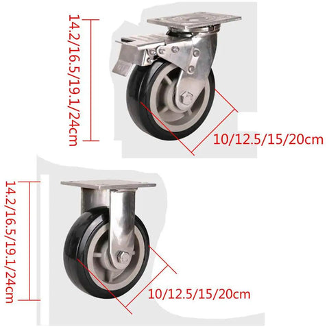 Heavy Duty Caster Wheels For Flat Carts Crafted From Bulletproof 304 Stainless Steel, showcasing wheel sizes, robust design.