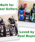 Go-To Golf Bag Organizer For Garage Storage, Dual Bag Rack With Stable Stand And Shelves, Center Basket For Balls filled with golf equipment