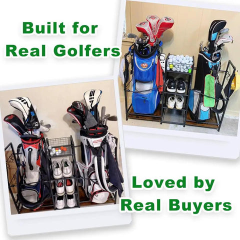 Go-To Golf Bag Organizer For Garage Storage, Dual Bag Rack With Stable Stand And Shelves, Center Basket For Balls filled with golf equipment