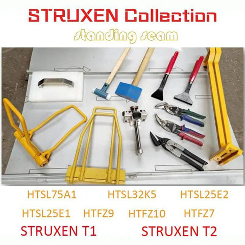 Eave Seam Locker T1 Edge Folding Tool with PVC Insert for painting panels, shown with assorted standing seam tools and benders
