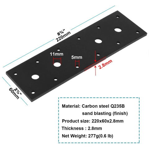 Six Pack Black Flat Mending Plates 8.5 Inch By 2.375 Inch Repair Brackets For 2x Wood Furniture Heavy Duty Carbon Steel With Black Finish Screws Not Included Safe 66 Pound Load Two Hole Options 5mm 11mm