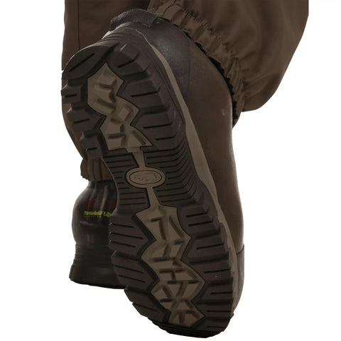 Close-up of boot tread on Men's Insulated Guardian Elite Front Zip Wader With TiZIP MasterSeal 10 Vertical Zip for durability.