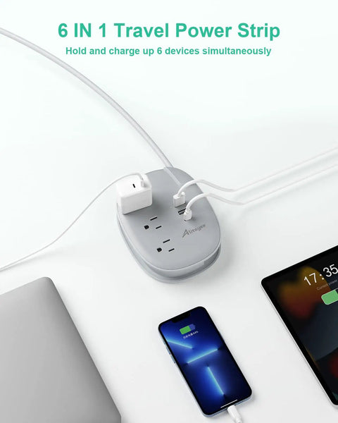 USB C Portable Travel Power Strip With Three Outlets And Three USB Ports Fast Charge For Cruise Or Home Office in use