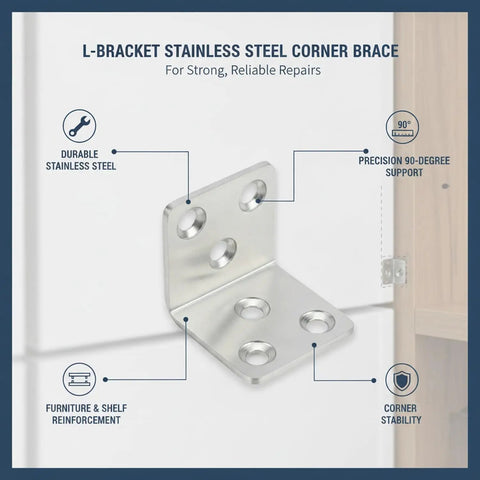 Heavy Duty Stainless Steel L Bracket Corner Brace For Furniture Repair And Cabinet Shelf Reinforcement, 90 Degree Angle Support