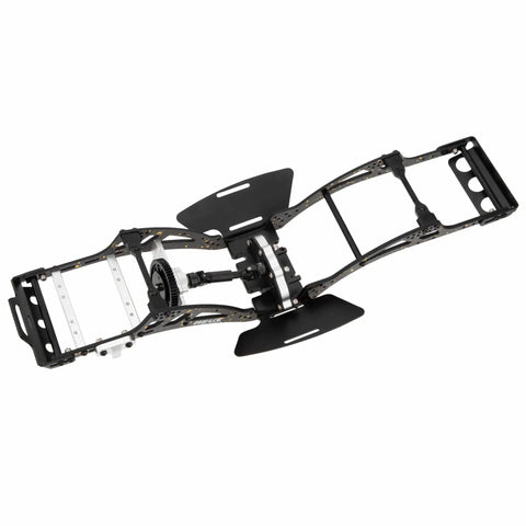 Gold Rush V2 Carbon Fiber LCG Chassis Kit For Axial SCX10 II Capra 1.9 UTB And Other DIY One Tenth RC Crawlers With Lightweight Aluminum Alloy POM Construction For Beefier Strength And Performance And Custom Builds, top view showing carbon fiber and alloy construction