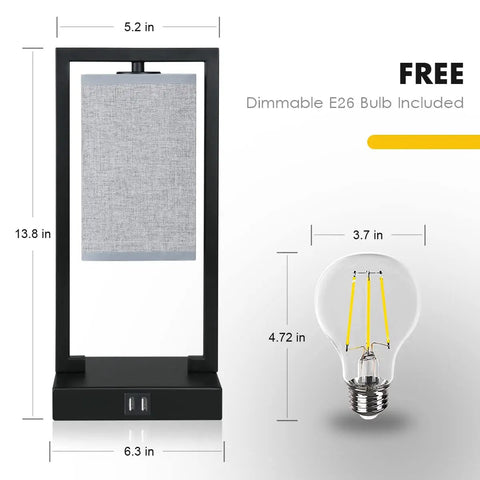 Industrial Bedside Lamp Set of 2 With Touch Control, linen shade, USB port, dimmable E26 bulb, matte black finish dimensions