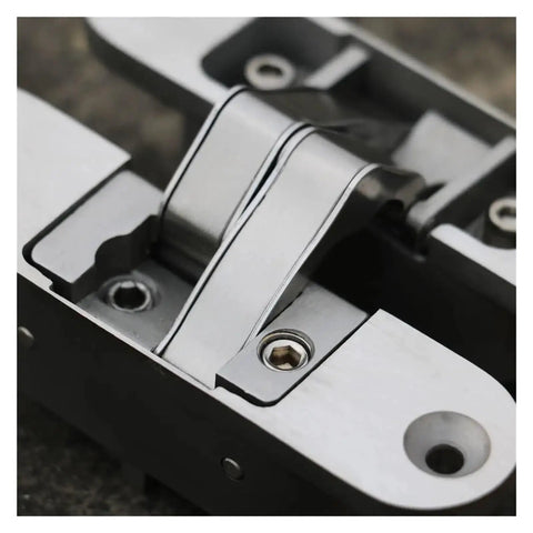 Close-up of SUS 304 hidden hinge on Interior Wood Door With SUS 304 Hidden Hinge Stainless Steel Concealed Hardware One Color Finish