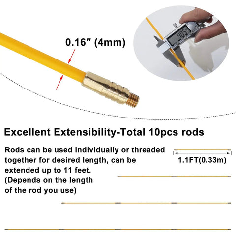 Close-up of 11 Foot Fiberglass Fish Tape Kit For Electrical Wiring Includes 5 Attachments And Carrying Case Easy Glide Low Friction Pulling Tape showing diameter measurement.