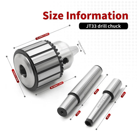 JT33 Drill Chuck One Thirty Second To One Half Inch With MT1 MT2 Morse Shanks shown with size details
