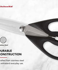 Close-up of All Purpose Kitchen Shears with Protective Sheath, Rust Resistant Stainless Steel Blades, Micro Serrated Edges, Soft Grip Handle