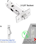 Privacy Pocket Door Lock With Pull In Stainless Steel 304, showing 2-3/8 inch backset and flush handle comparison to others.