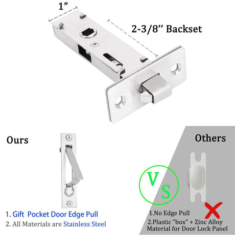 Privacy Pocket Door Lock With Pull In Stainless Steel 304, showing 2-3/8 inch backset and flush handle comparison to others.