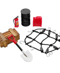 12 Piece Roof Decoration Kit For 1 By 18 TRX4M And 1 By 24 SCX24 Crawlers with shovel, fuel tank, fire extinguisher, and luggage net